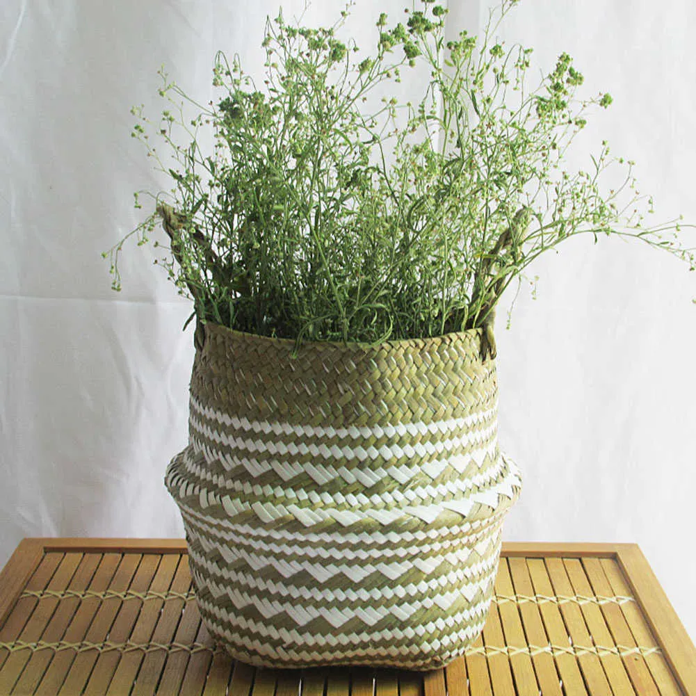 Handmade Dirty Clothes Storage Container Natural Seaweed Folding Wicker Basket Woven Laundry Bag Garden Decor Flower Pot 210609