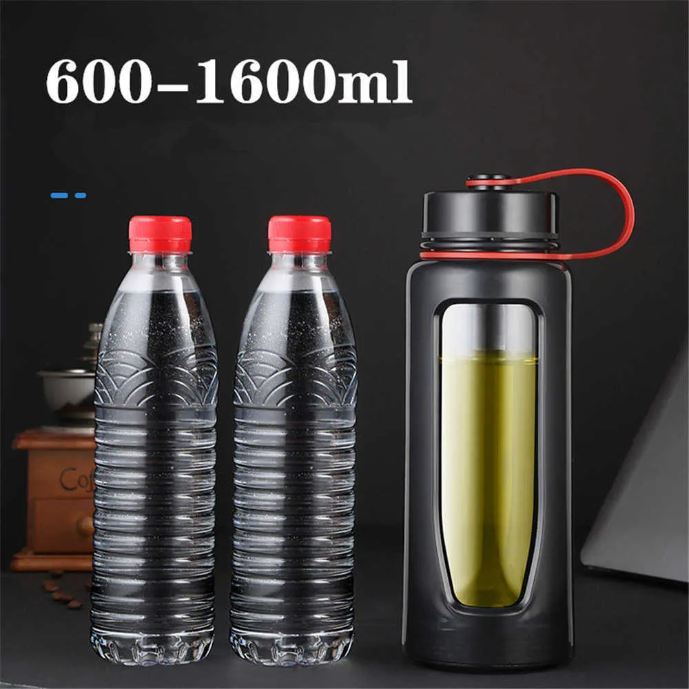 Glass Bottle Water 1000Ml Thermos Flask Sport s Bike Cup Double Bottom 211013