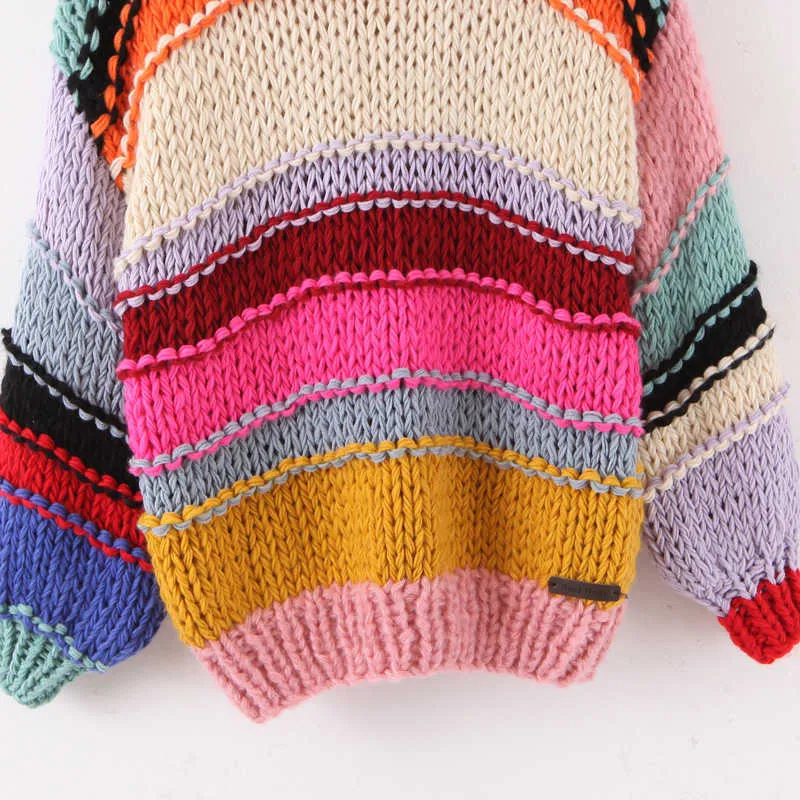 Zoete regenboog gestreepte trui vrouwen mode o-hals losse truien schattige meisjes contrast kleuren chic jumpers 210531
