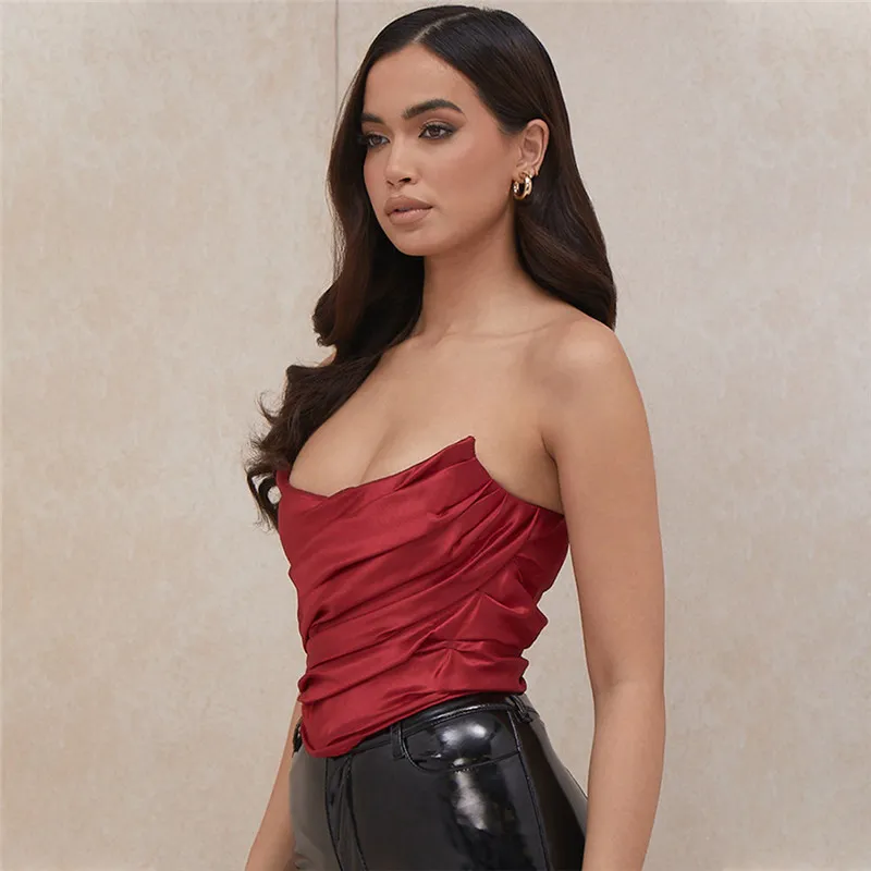 Isarose Gevouwen Corset Tops Polyester Boning Red Satijn Zomer Mouwloze Back Rits Cropped Top Ruched Bustier Draag Buiten 210422