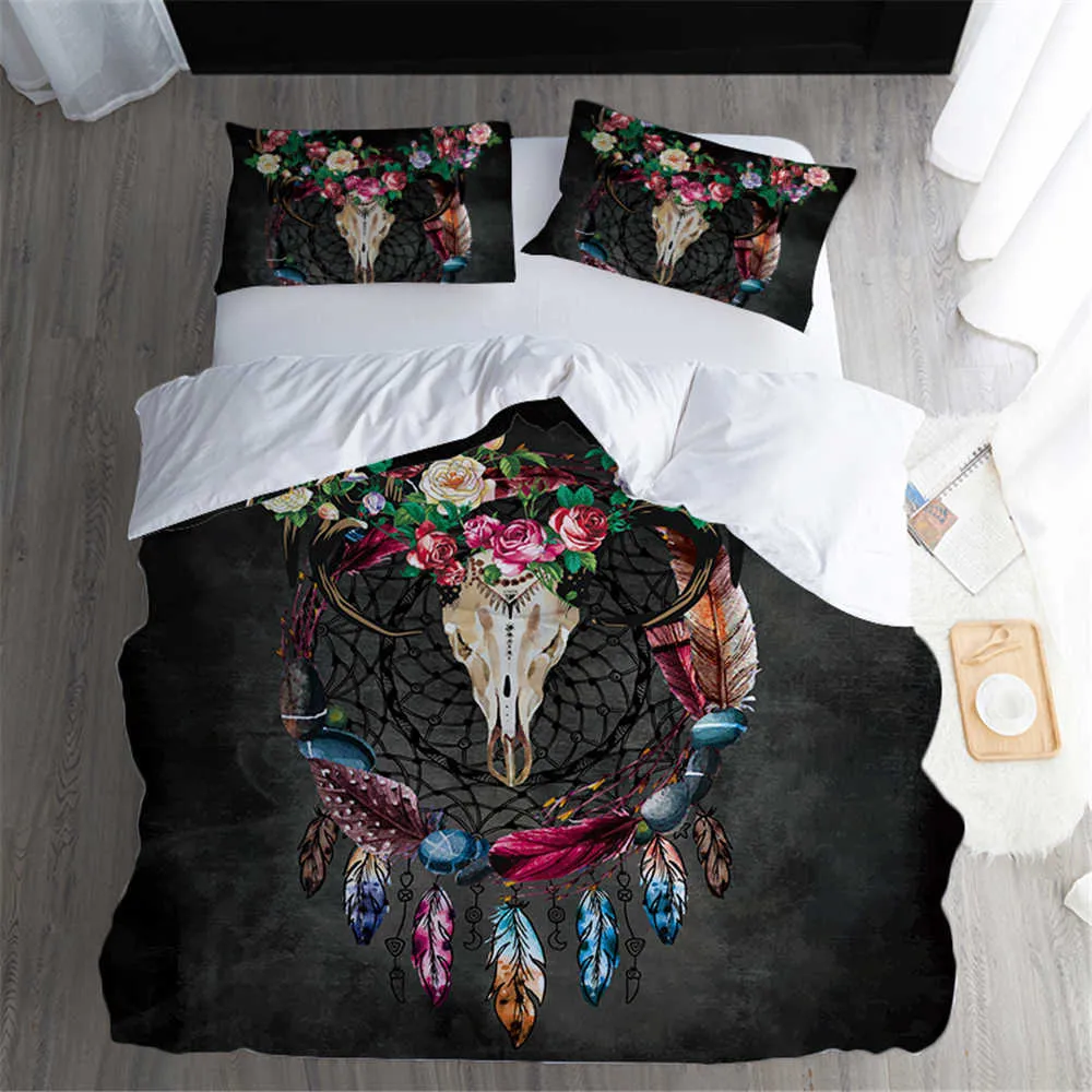 Fanaijia 3d flor conjunto de cama rainha tamanho açúcar crânio capa edredão com fronha gêmeo completo rei quarto consolador conjunto 210615259g