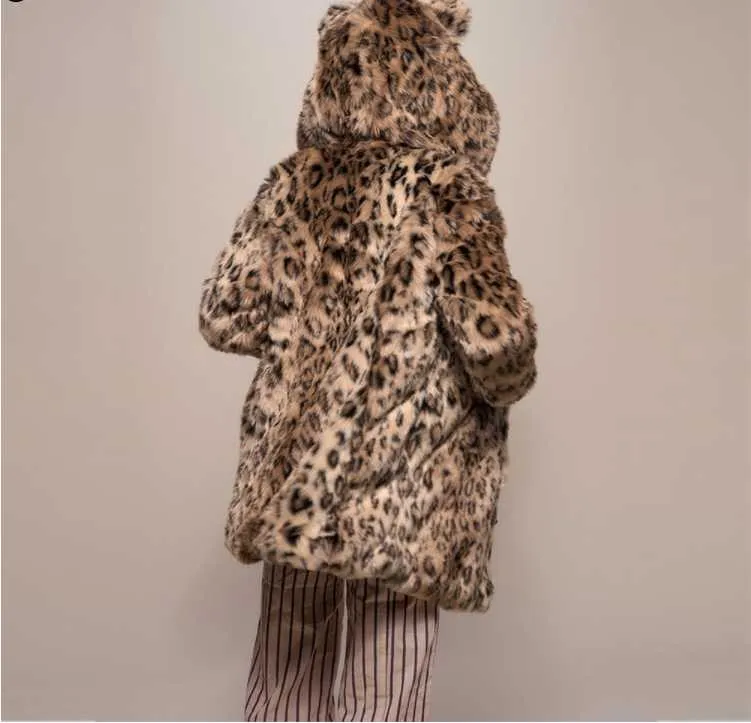 Imitation Fur Coat Listed Women's Wear Medium och Long Loose Fluffy Leopard Print 211207