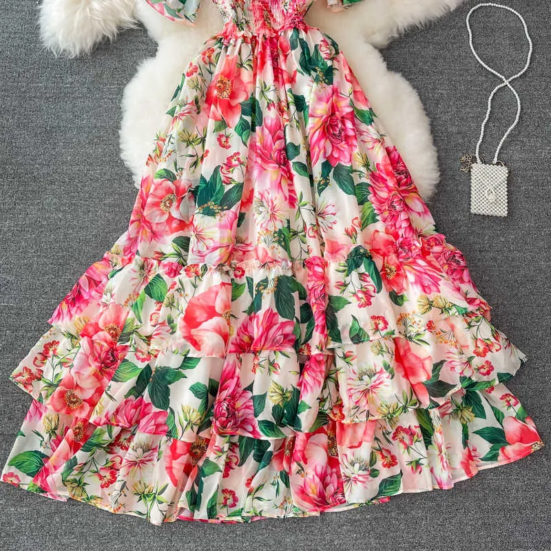 Bohemian rosa blommig lång klänning kvinna sommar blommig tryckta ruffle big swing vestidos kvinnlig a-line robe semester strand 2021 ny y0603