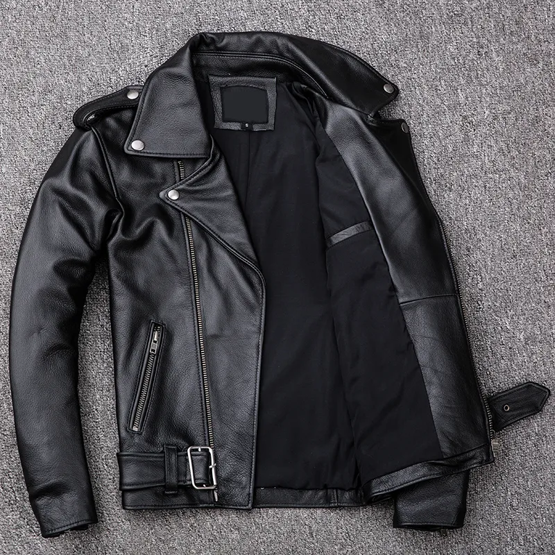 Spring Classical Motorcycle oblique zipper Jackets Men Leather Jacket Natural Calf Skin Thick Slim Cowhide Moto Jacket man