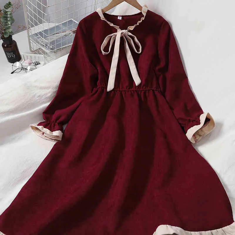 Automne Hiver Robe Japon Style Kawaii À Lacets Robes Vintage Arc A-ligne Robes Hiver Preppy Robes Femmes 18941 210415