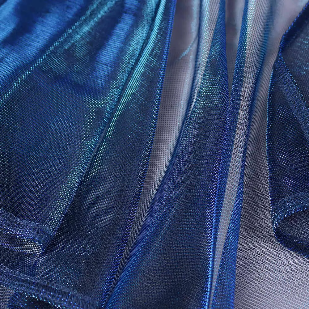 Femmes bleu maille voir à travers Blouse col en V hauts à manches longues Sexy Transparent avec ceinture taille chemise d'été élégant Blusa 210416