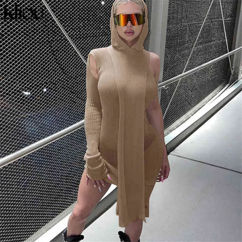 Kliou Knitted Dress Women Sexy See Through X-Long Hoody Tops+One Shoulder Drawstring Ruched Robe Skirt Hipster Future Streetwear Y1204