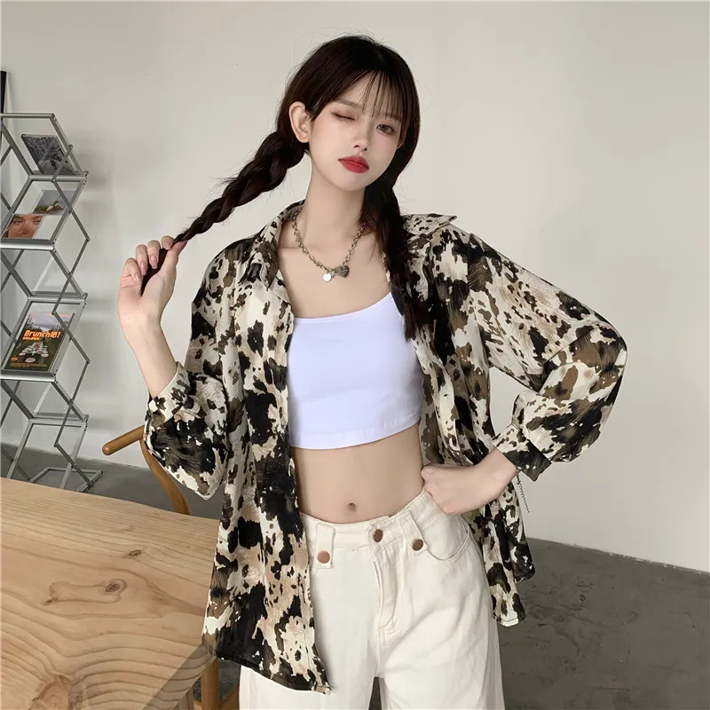 Camicette leopardate allentate vintage autunno Camicette leopardate con stampa a inchiostro da donna Stampa floreale Manica lunga Colletto rovesciato Camicie Top Donna 210514