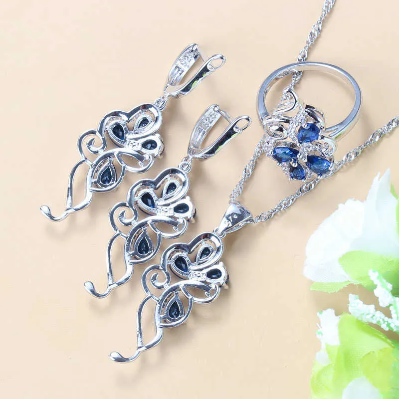 Bijoux de mariage de mariée boucles d'oreilles en zircon cubique bleu/pendentif/collier/Bracelet/bague ensembles de bijoux pour femmes H1022