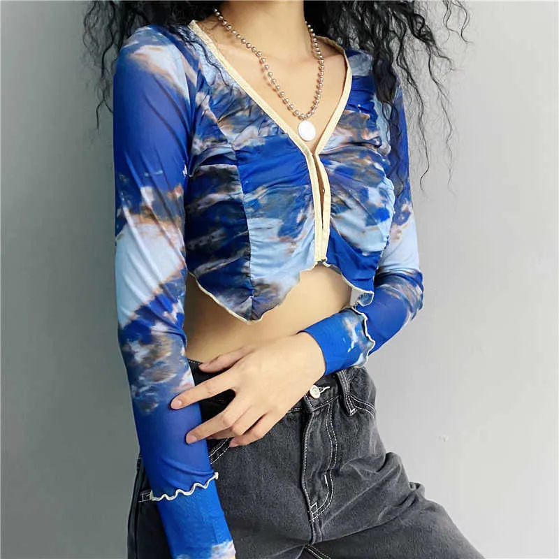 Yedinas Tie Dye Bleu Crop Top Femmes Maille T-shirt Manches Longues Cropped Cardigan Col En V Designer Slim T-shirts Y2k Esthétique Tops 210527