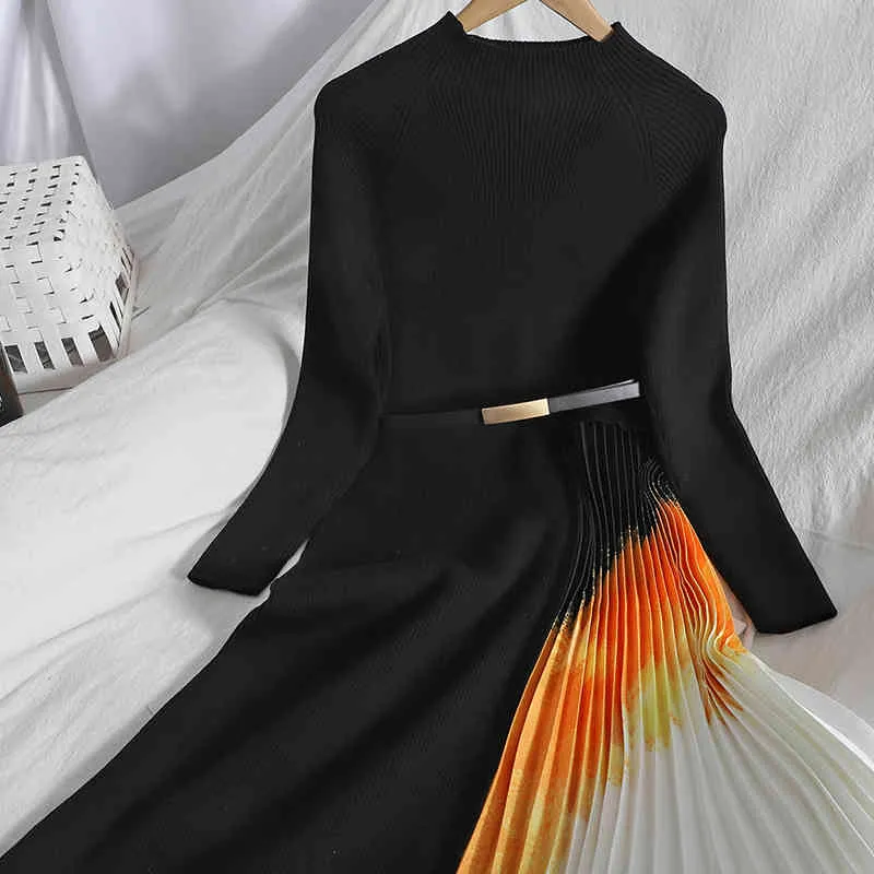 Kimutomo Elegant Patchwork Pleated Dress Women Half Turtleneck Long Sleeve Slim Waist Sashes Knitted Panelled Vestido Fashion 210521