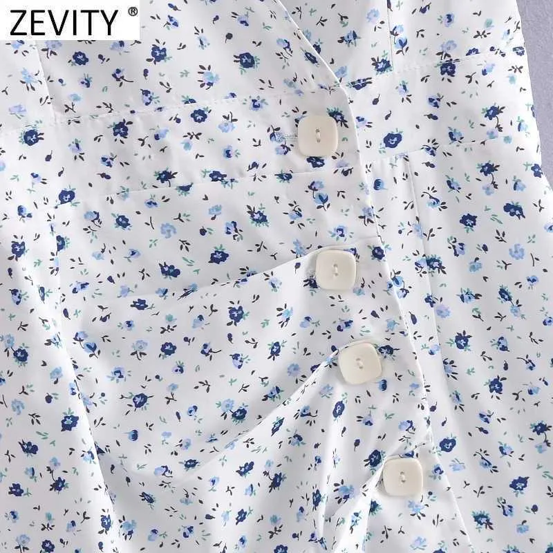 Zevity Women French Style V Neck Floral Print Hem Ruffles Slim Mini Dress Sukienka Smukła Sukienki Smukłe Suknie Letnie DS8336 210603