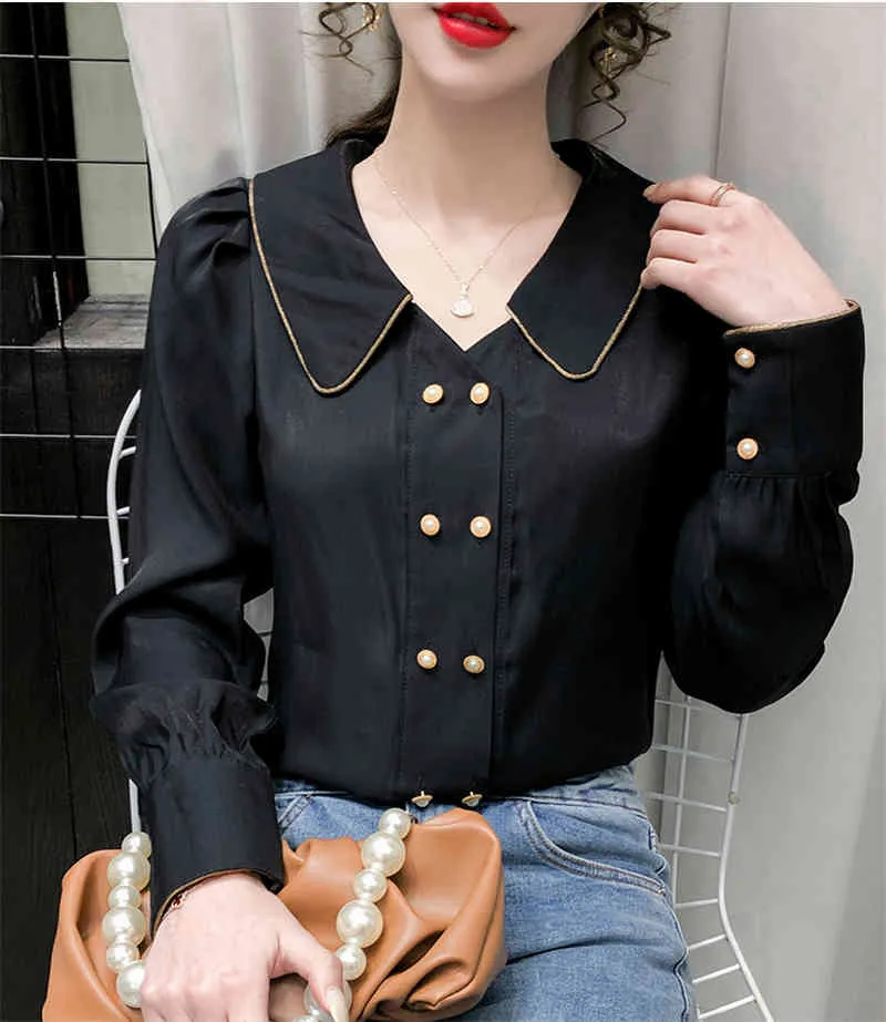 Gömlek Kadın Bahar Sonbahar Uzun Kollu Zarif İş Giyim Tops Kore Moda Beyaz Mavi Siyah Bluz Gömlek Bluzki Chemise Femme 210520