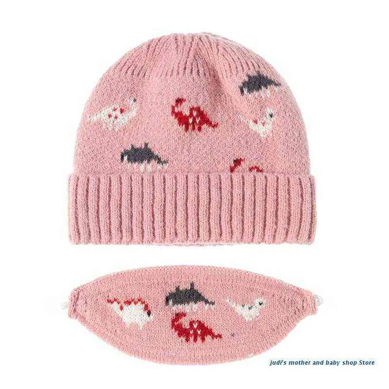 67jc 3 pièces bébé chaud hiver chapeau écharpe masque ensemble tricoté dinosaure Jacquard bonnet bouche couverture Kit pour enfant