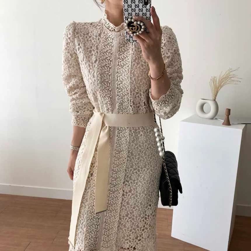 Streetwear Vintage Dentelle Crochet Fleurs Mince Sexy All Match Femme OL A-ligne Doux Robes Longues Vestidos 210525