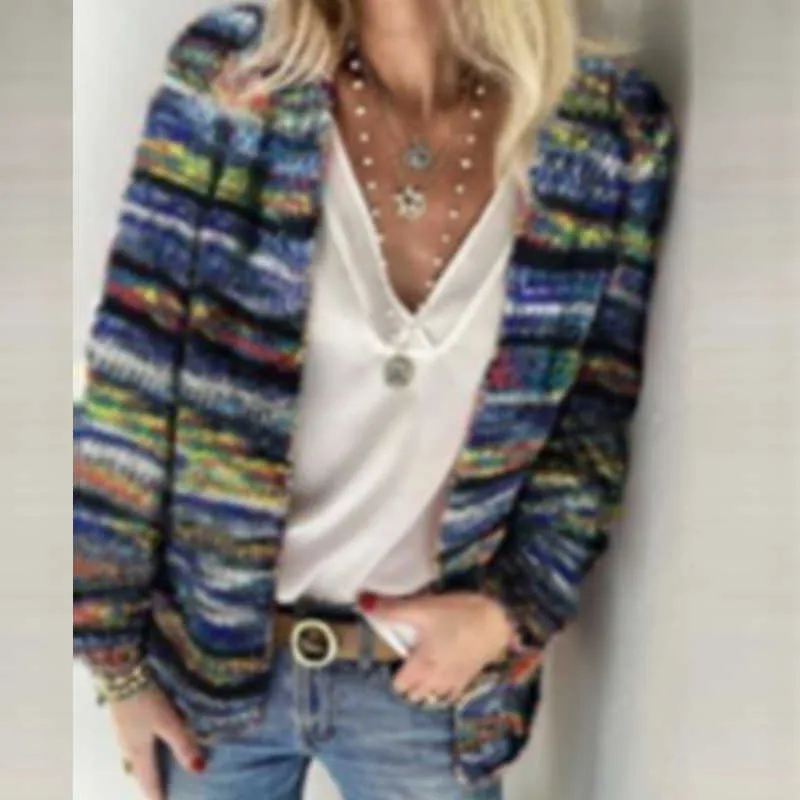 Women Elegant Multicolor Print Knitted Cardigans Sweater Autumn Winter Long Sleeve Coat Tops Ladies Casual Pocket Sweaters 211007