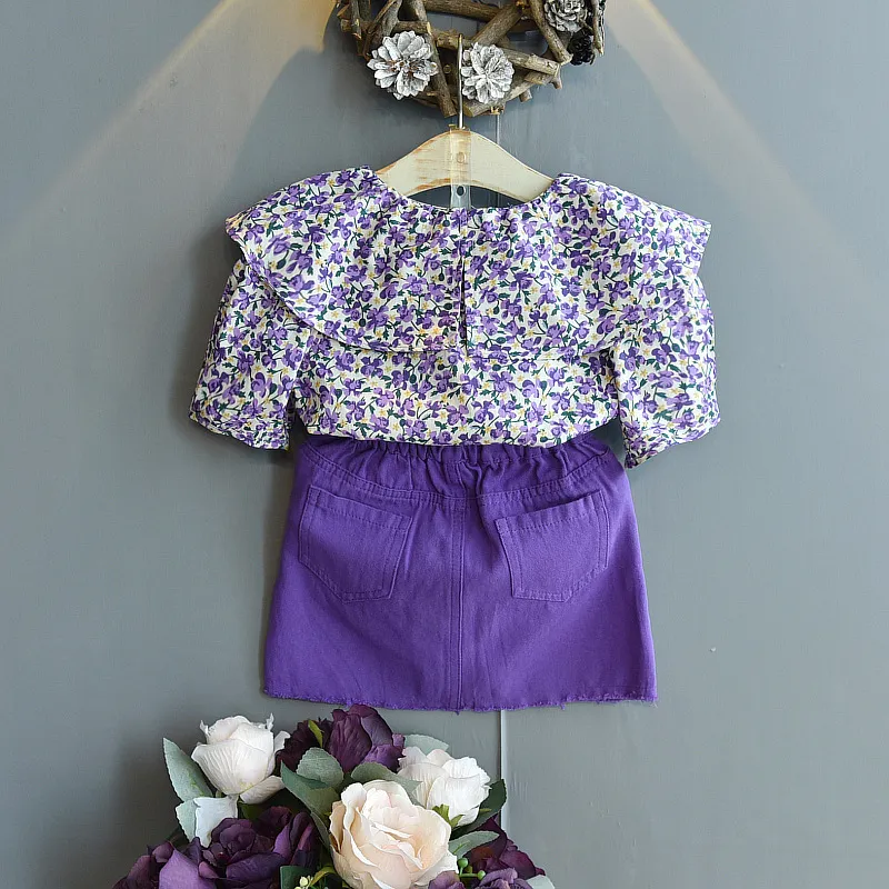 Девушки напечатаны одежда костюм лето короткие рукава цветочные рубашки + джинсовая фиолетовая юбка 2 шт. Модный детский 210515
