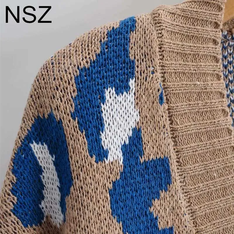 NSZ Kobiety Zwierząt Drukuj Leopard Sweter Sweter Cardigan Jesień Szeroki Duży Rozmiar Kurtka Kurtka Płaszcz Knitwear Jersey 211018