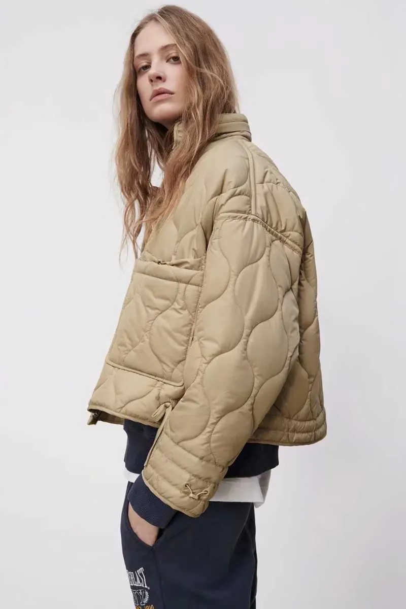 pring ladies za stand collar loose drawstring design lightweight cotton jacket short 211013