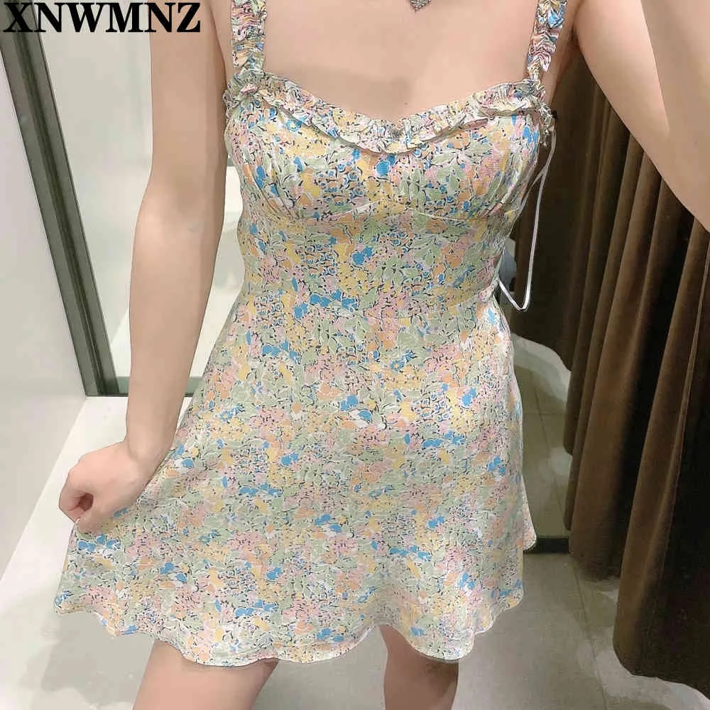 Mini vestido con estampado floral de verano para mujer, vestido corto con tirantes y cuello en V para mujer, vestidos elásticos con cremallera lateral elegante para mujer 210520