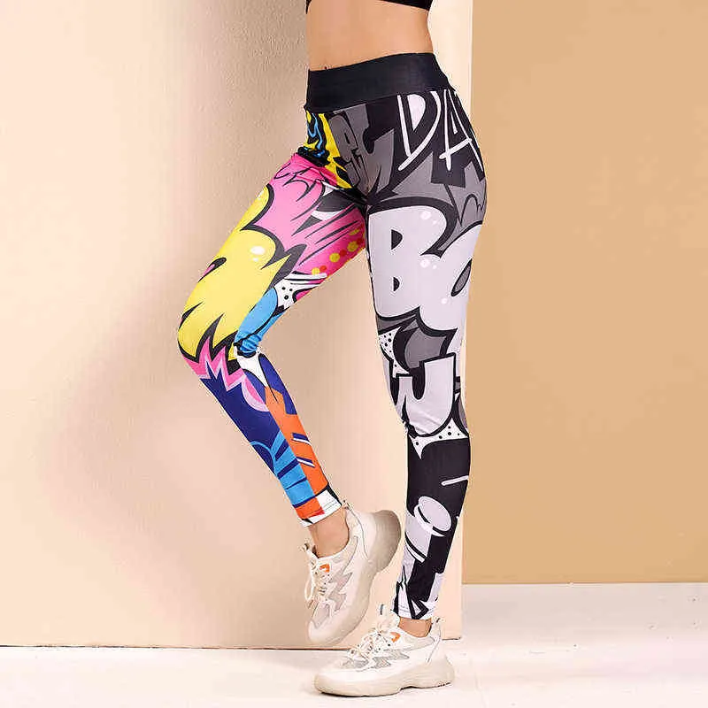 Граффити напечатанные йоги брюки спортивный тренажерный зал Леггинсы бегущий пот носить тощие тренировки BOOM мультфильм красивая талия упражнения одежда H1221