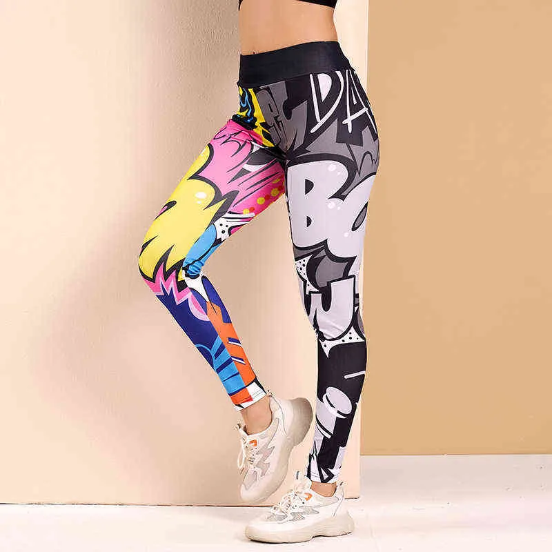 Pantaloni da yoga stampati con graffiti Pantaloni sportivi da palestra Leggings da corsa Abbigliamento da sudore Allenamenti skinny Boom Cartoon Dye Abbigliamento da esercizio a vita alta H1221