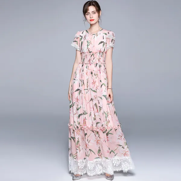 Vrouwen zomerjurk zoete bloemen print kant patchwork chiffon lange jurk vintage dames elegante hoge taille vakantie maxi jurk 210518