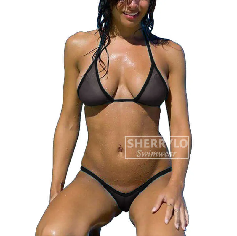Ver através de roupa de banho de biquíni para mulheres pura malha micro thong bikinis triangle top thru extrema transparente microbikini 210621