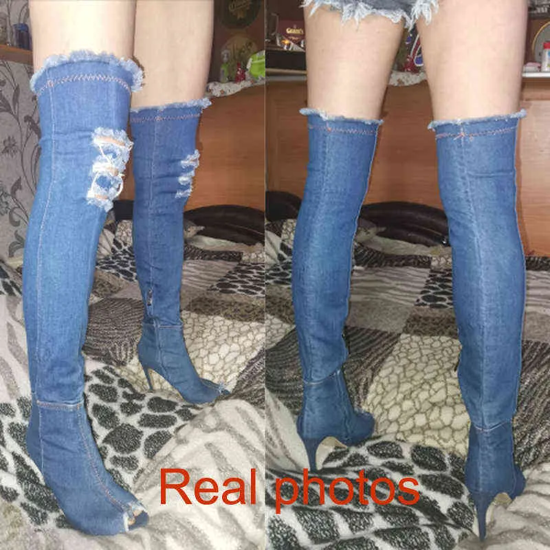 Women Boots High Quality Denim Over The Knee Boots Women High Heels Women Shoes Peep Toe Tassel Jean Boot Ladies Shoes H1123
