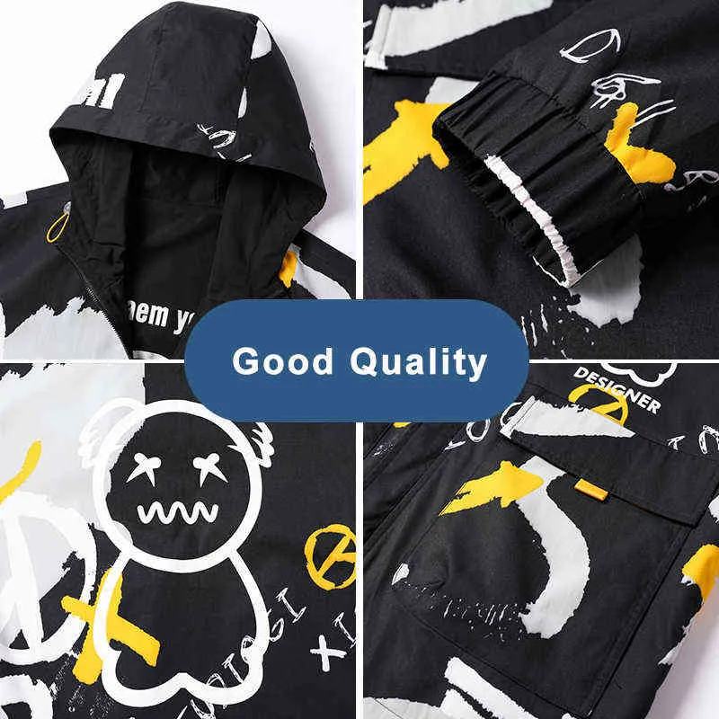 Frühling Herbst Zwei Seiten Tragen Mit Kapuze Windjacke Männer Jacke Streetwear Mode Bär Gedruckt Hip Hop Outfits Mantel Große Größe 8XL 211217