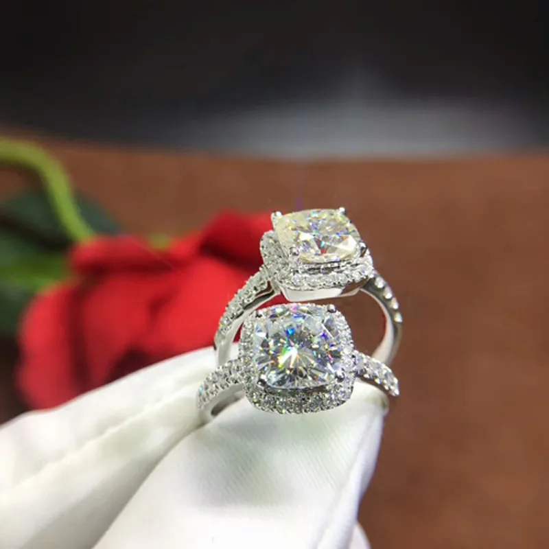 Äkta 925 Sterling Silver VVS Vit Topaz Bröllop Ringar för Kvinnor Kvadratisk Cubic Zircon Gem Ring Smycken R668