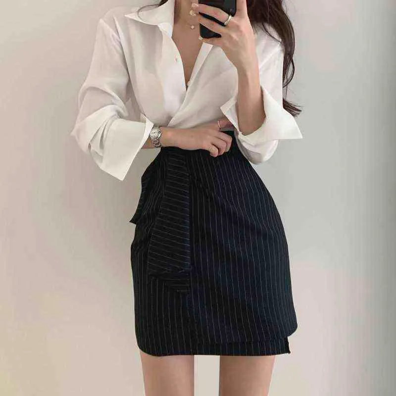 Рубашка набор двух частей юбка женская блузка асимметричная драпированная мода повседневная офисная костюма рубашка с длинным рукавом 2111216