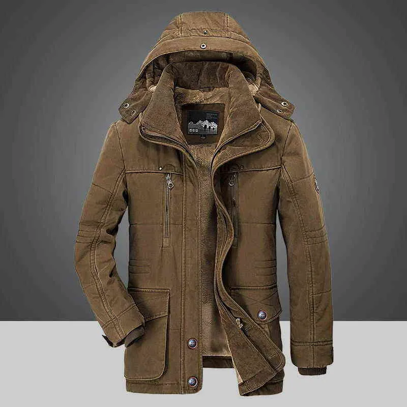 Chaqueta de invierno para hombre Parka de longitud media más terciopelo grueso cálido multibolsillo chaquetas sólidas parkas abrigo masculino ropa de gran tamaño 211129