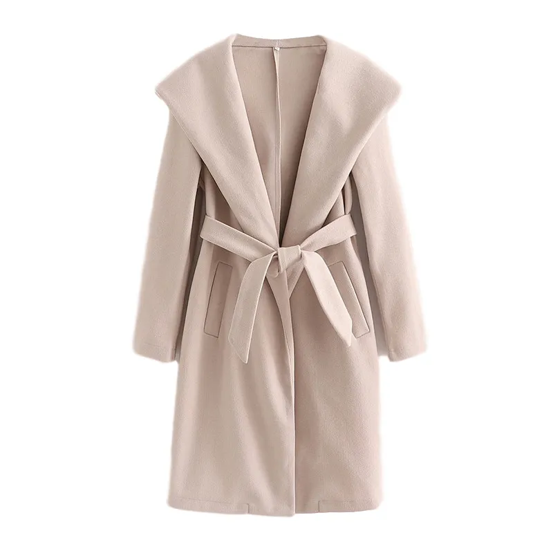 BLSQR Laine Long Trench Coat avec ceinture Femmes Manches élégantes Poches d'hiver Manteau Casual Manteaux d'extérieur 210430