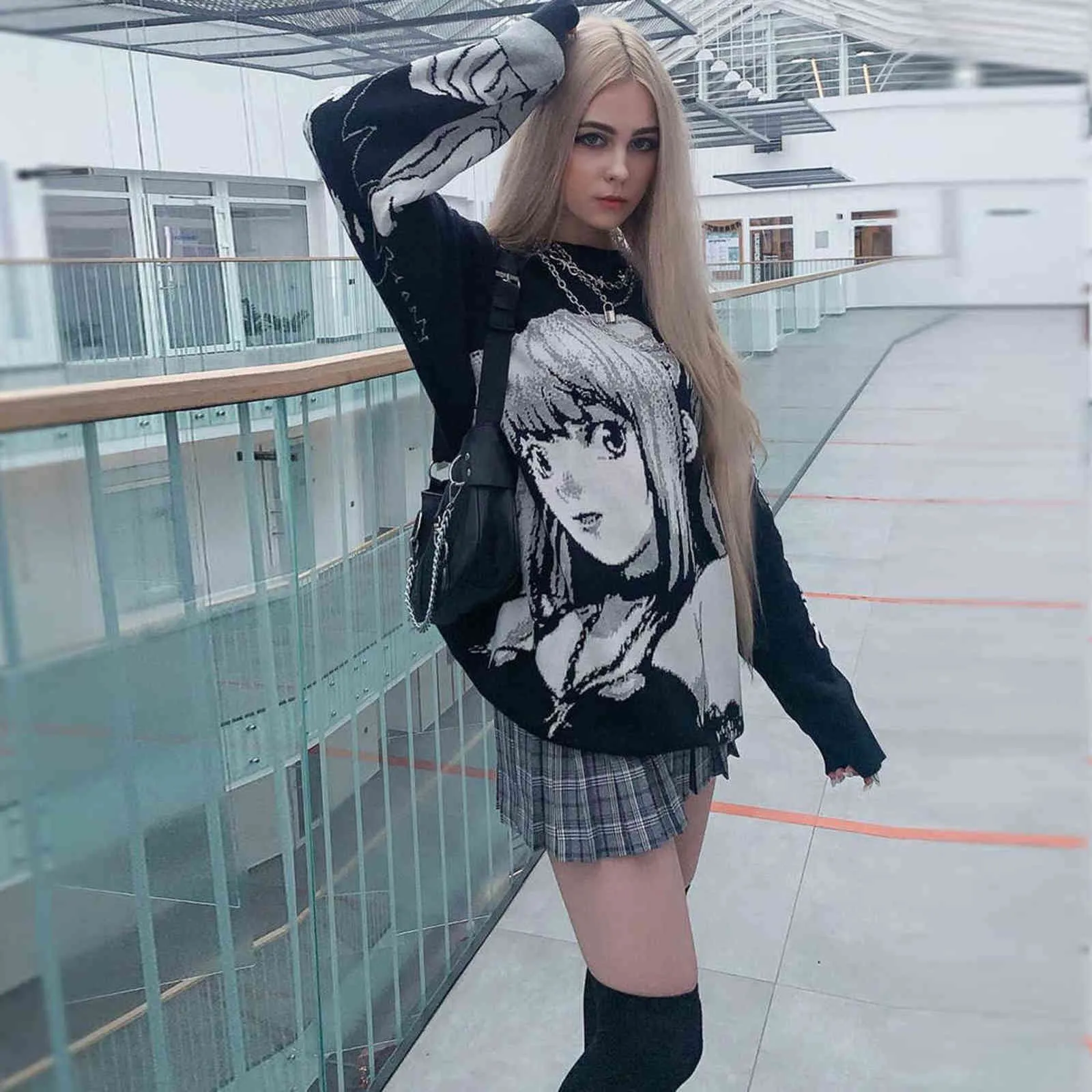 Atsunset Anime Kız Örme Ölüm Not Kazak Kazak Hip Hop Streetwear Vintage Stil Harajuku Kazak 211109