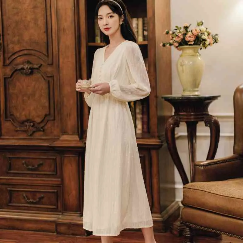 Francês estilo vintgae sopro manga longa damasco elegante elegante mulher vestido v-pescoço vestido de chiffon com botão 13231 210417