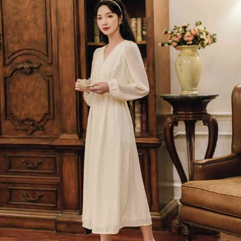 French Style Vintgae Puff Long Sleeve Apricot Elegant Sweet Woman Dresses V-neck Chiffon Dress with Button 13231 210417