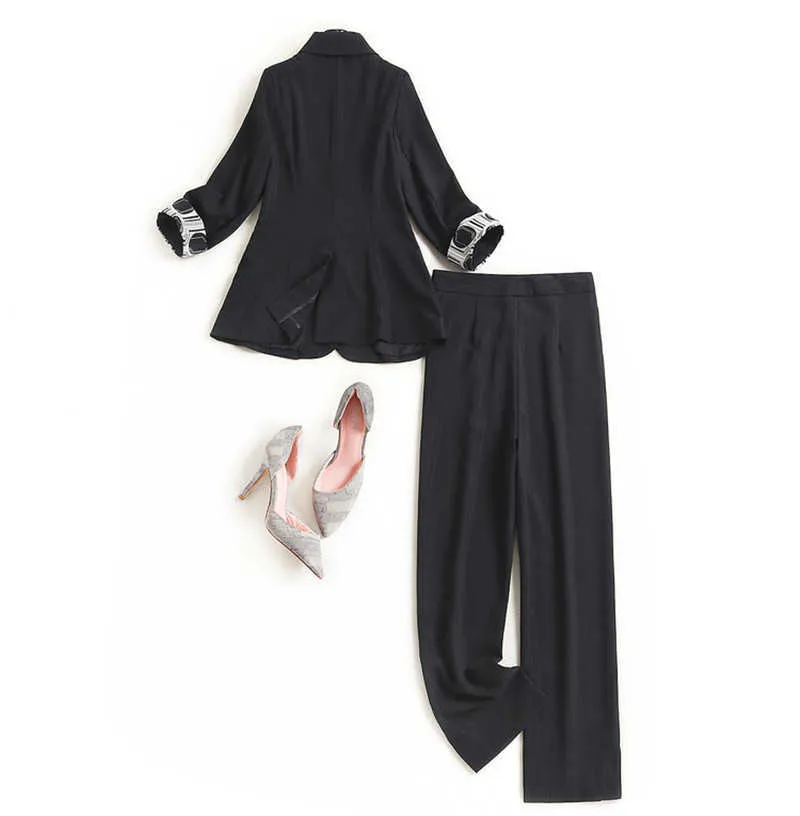 Spring Designers Elegant Office Lady Trousers Suit Women Fashion Striped Blazer and Pants Sets Plus Size Outfits 210601