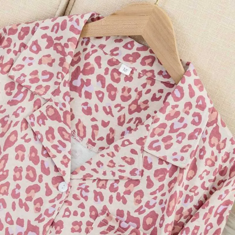 Höst och vinter damer stickad bomull pyjamas långärmad sexig rosa leopard utskrift hem service sovkläder två stycken set q0706