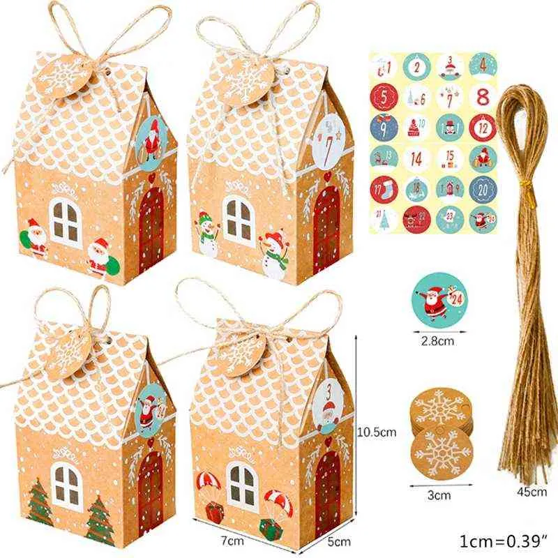 24 ensembles maison de Noël boîte-cadeau papier kraft biscuits sac de bonbons flocon de neige étiquettes 1-24 calendrier de l'avent autocollants corde fête fournitures 211108