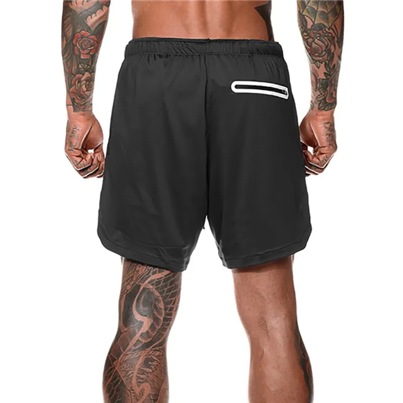 Men's Fitness Shorts Mens 2 in 1 Gyms Male double-deck Mesh Quick Drying Security Pocket Jogging Men 210421