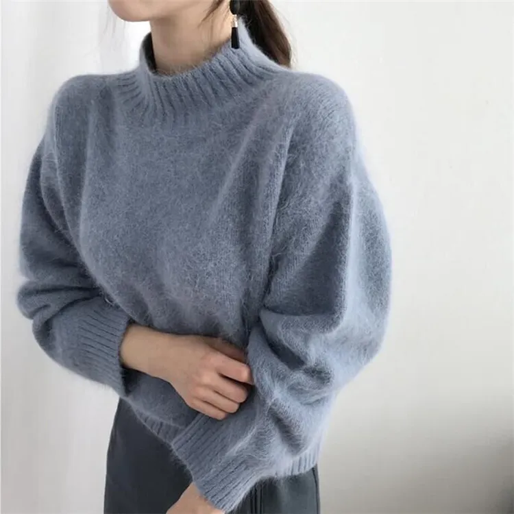 Blanc col roulé doux Mohair pull femmes lâche extérieur automne hiver chaud pull paresseux tricoté cachemire 210420