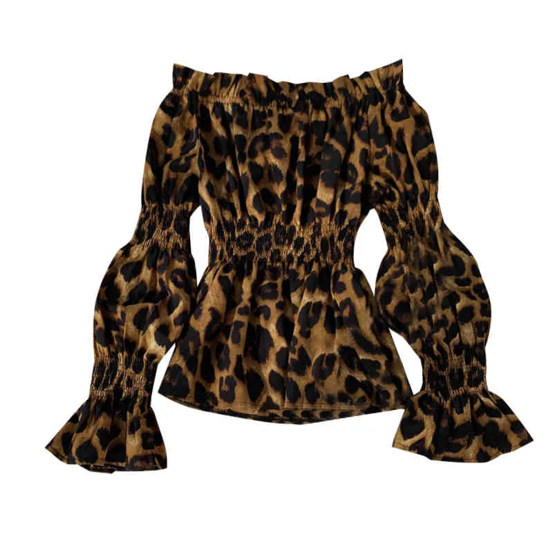 Ezgaga Sexy Leopard Bluse Frauen Mode Slash Hals Chiffon Von Schulter Lose Stretch Lantern Sleeve Damen Shirts Clubwear 210430