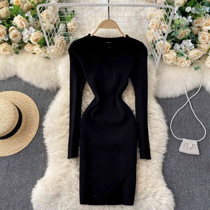 SINGREINY Design Irregular Knitted Dress Women Halter V Neck Long Sleeve Pencil Dress Autumn Winter Warm Bodycon Sweater Dress 210419