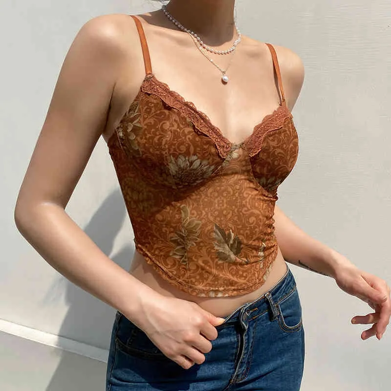 Braune Gänseblümchen bedruckte Y2K Camis Crop Top Frauen Sommer Spitze gepatcht Sexy Korsett Spaghetti Strap Patty Shirt T-Shirt Strandwesten 210510