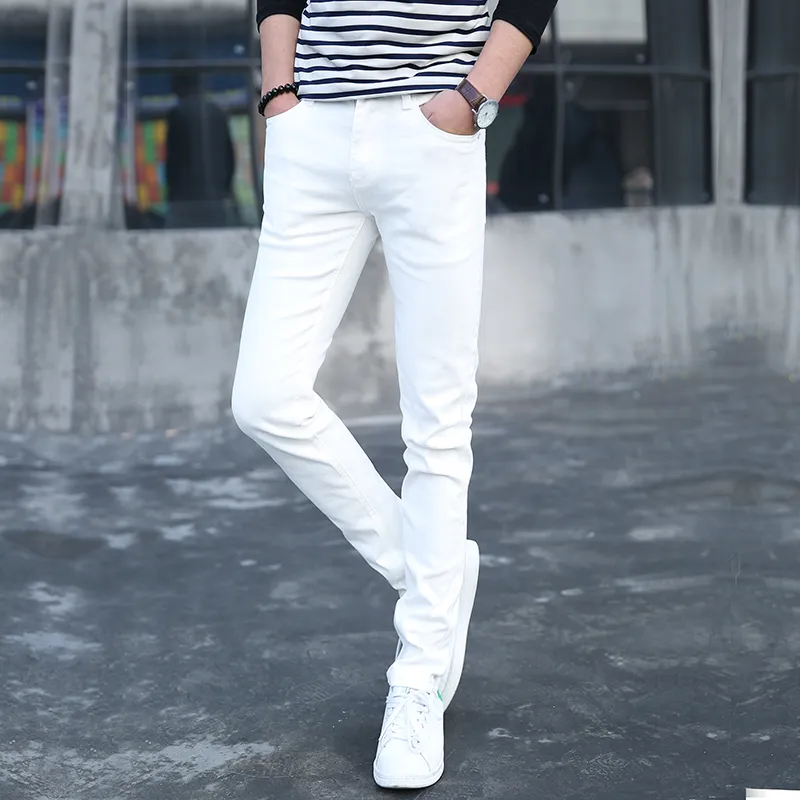 Erkek Skinny Jeans Klasik Erkek Moda Tasarımcısı Elastik Düz Siyah / Beyaz Kot Pantolon Slim Fit Streç Denim Kot