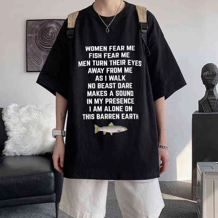 Donne Fear Me Fish Fear Me Uomo Donna Casual T-shirt Top Tshirt Maglietta allentata Crew Oversize aderente Soft Anime Manga Tee Abbigliamento Y220214