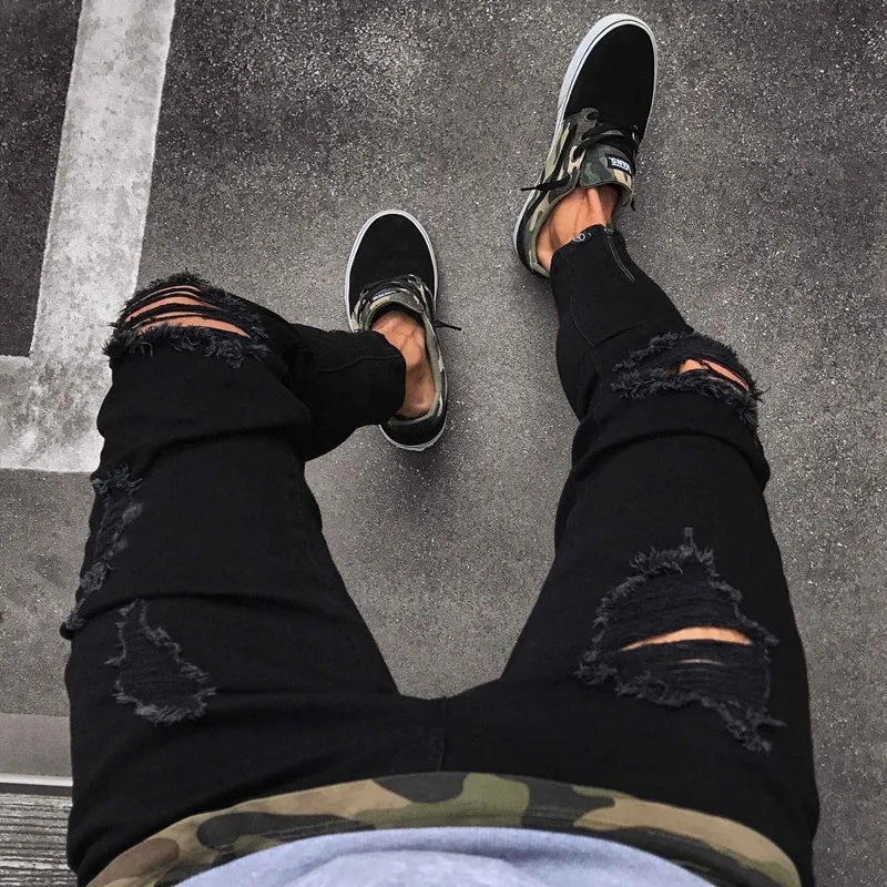 Moda Homens rasgados Biker Jeans Streetwear Slim Denim Calças Elástico Skinny Destruído Hip Hop Zip Calça Jeans Preto Calças Casuais