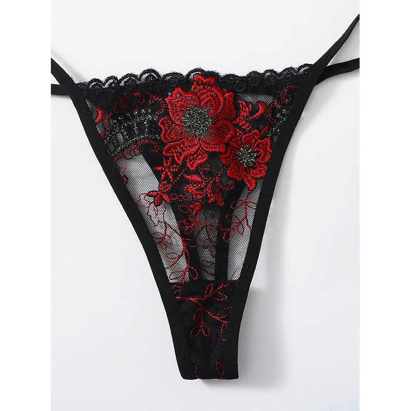 Conjunto Sexy Aduloty Sexy Transparente Flor Vermelha Bordado Cueca Fina Tentação Lingerie Erótica Underwire Sutiã Reunido Tanga Terno L2304