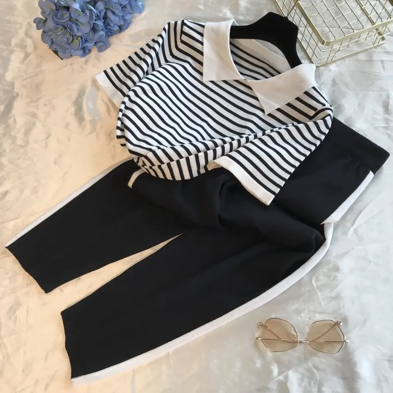 Revers streep korte mouwen brei outfit + wide-poot broek tweedelige pak vrouwen zomer mode breien broeken sets x0428